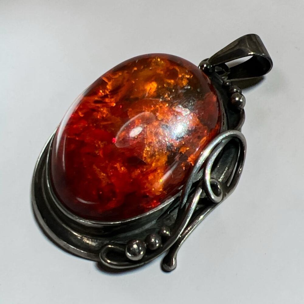 Vintage Baltic Amber Pendant-Heavy 12.3g Solid Sterling Silver-Artisan Wirework